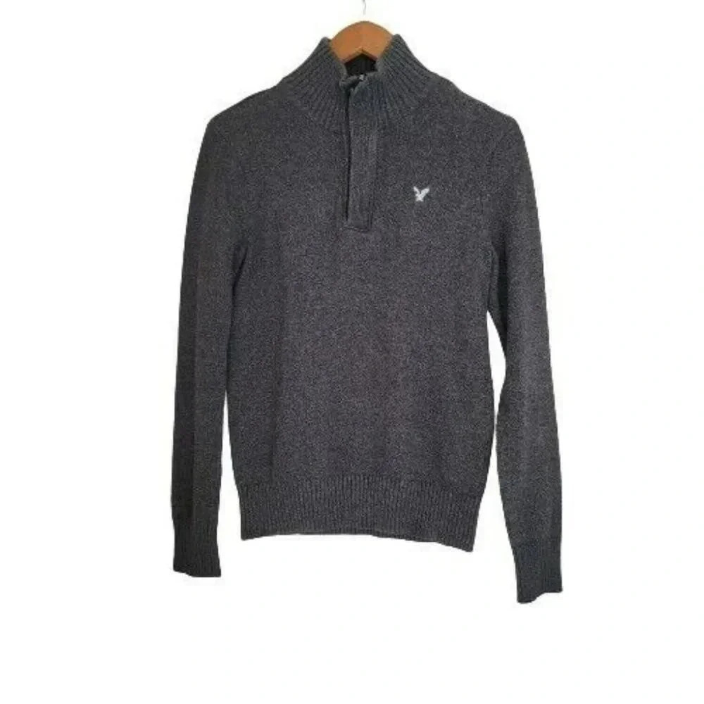 American Eagle Mens S Sweater Charcoal Gray Athletic Fit 1/4 Zip Long Sleeve
